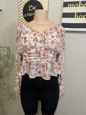 White Floral Ruched Peplum Blouse with Pink Bouquet